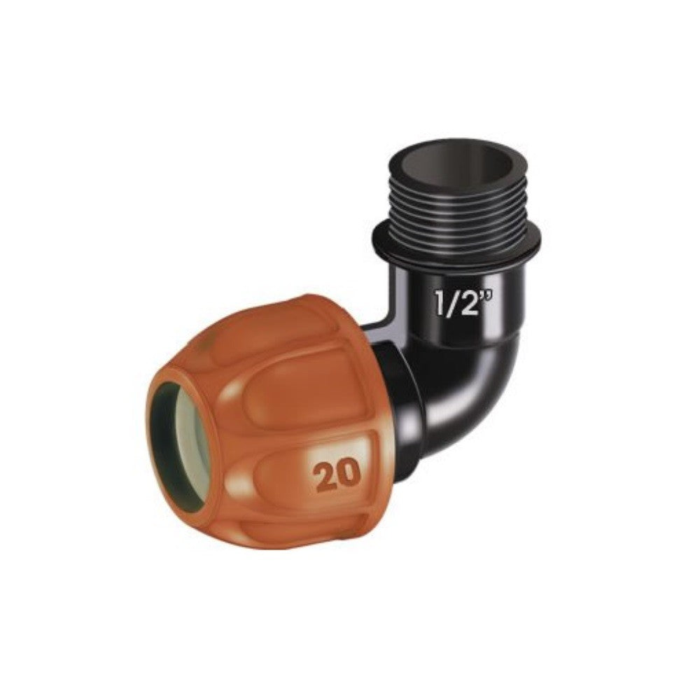 Raccordo a gomito per tubo 20 millimetri filetto 1-2' maschio