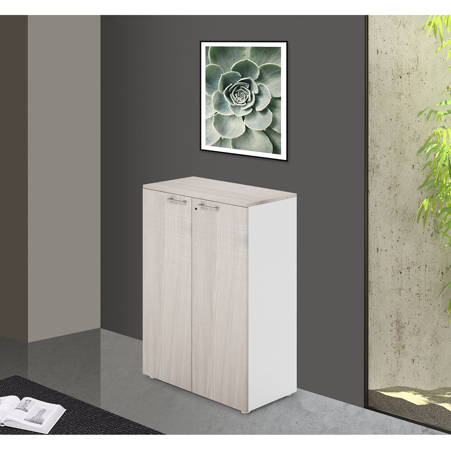 Mobile da ufficio due ripiani ante con serratura colore Olmo H129x90x45cm