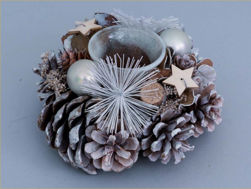 Centrotavola portacandela in vetro natale pigne e bacche bianco cm 17