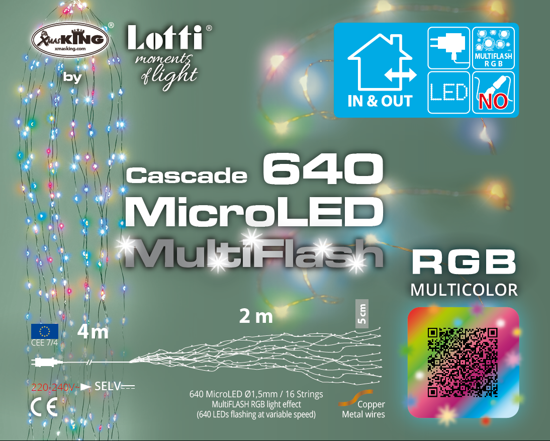 Cascata di 320 MicroLED RGB, 16x20 cm, H 100 cm, Luci di Natale