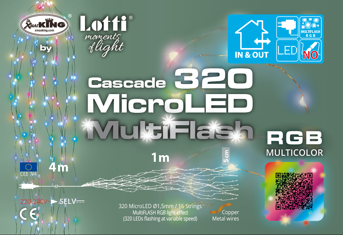 2x Cascata di 320 MicroLED RGB, 16x20 cm, H 100 cm, Luci di Natale