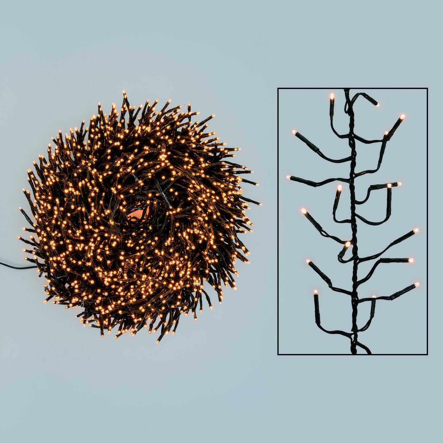 Festone cluster miniLED 12cm 4+22,5m, luce giallo ambra calda