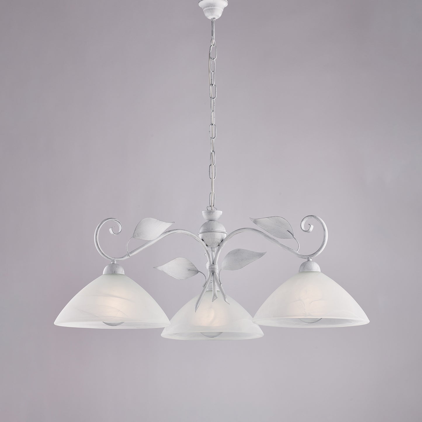 Lampadario Ferro Bianco Argento 3 Luci Vetro Ø30 H36-96 L96x30 cm