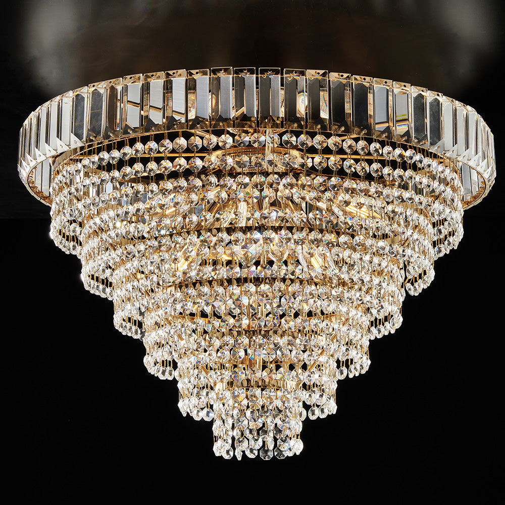 Plafoniera in ferro e ottone dorato con strass 6 luci H.40 - Ø51