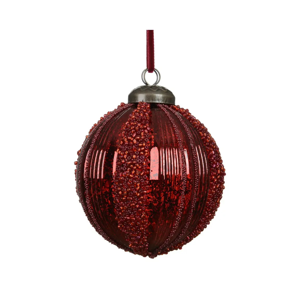 Sfera natalizia in polistirolo rosso scuro con perline e strisce Ø8 cm
