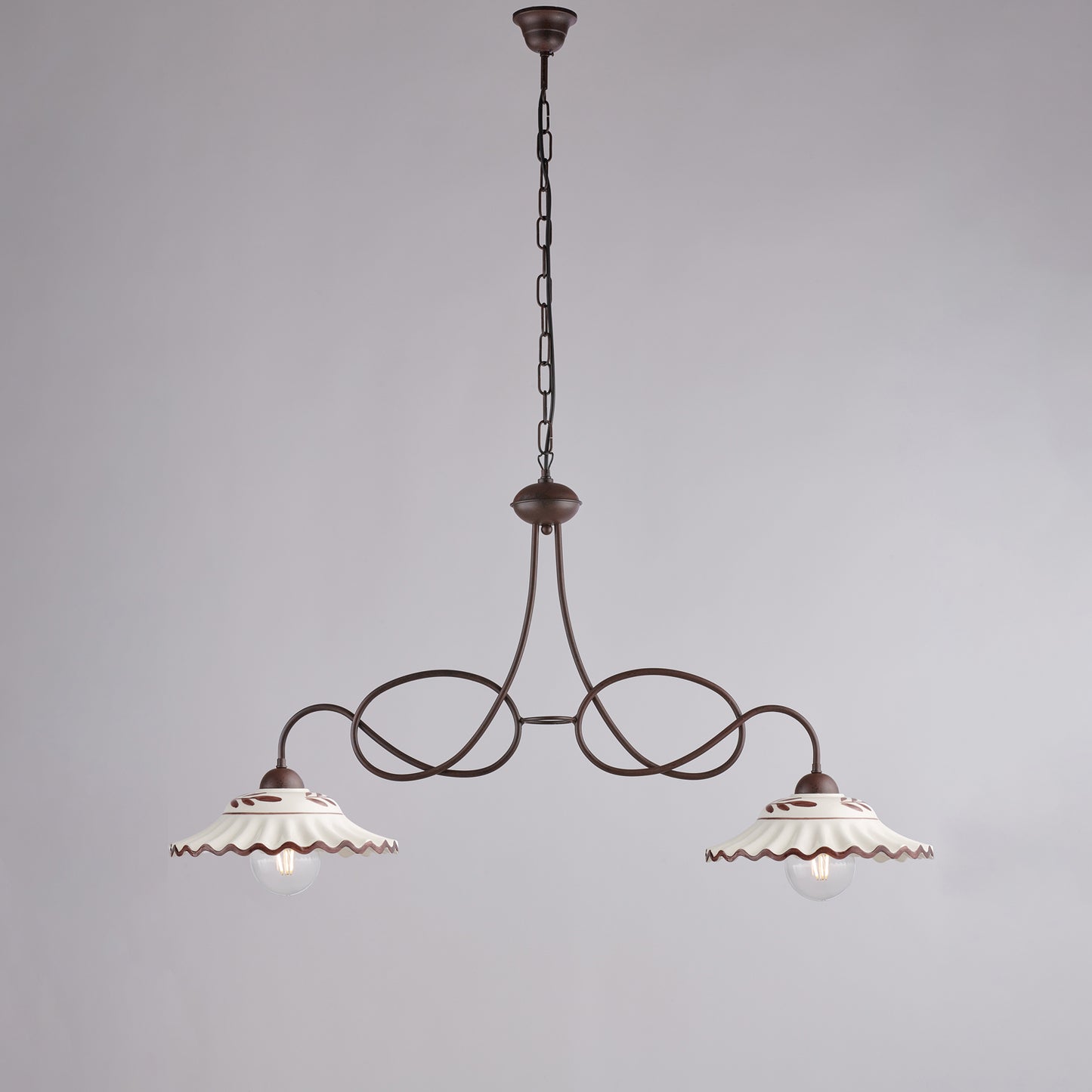 Lampadario nero ruggine, ceramica bianco marrone, 2 luci, L.98x30 cm