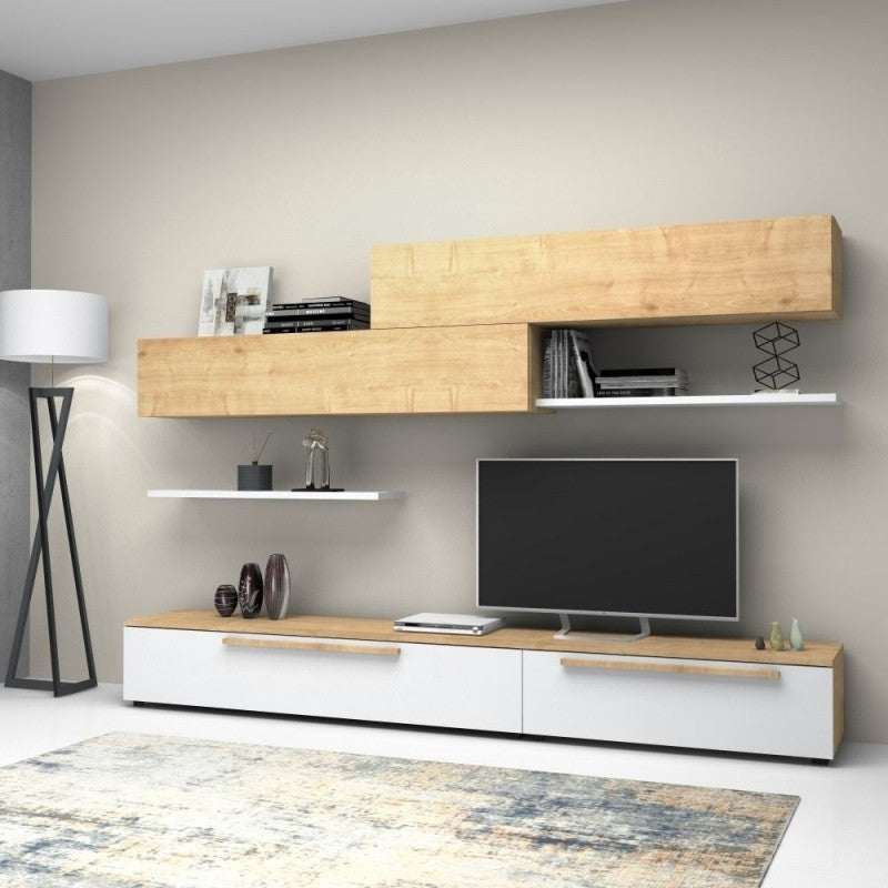 Parete attrezzata rovere bianco larice 260x42xh.220 cm