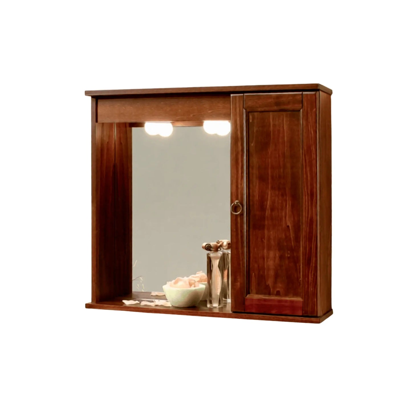 Specchiera noce con pensile destro con anta e luce LED integrata 69x63x16 cm