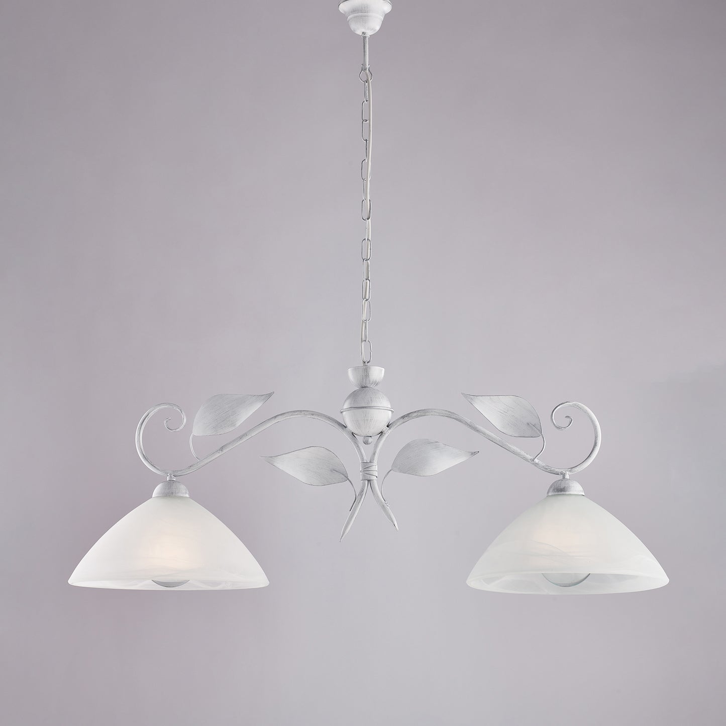 Lampadario Ferro Bianco Argento 2 Luci Vetro Ø30 H36-96 L96x30 cm