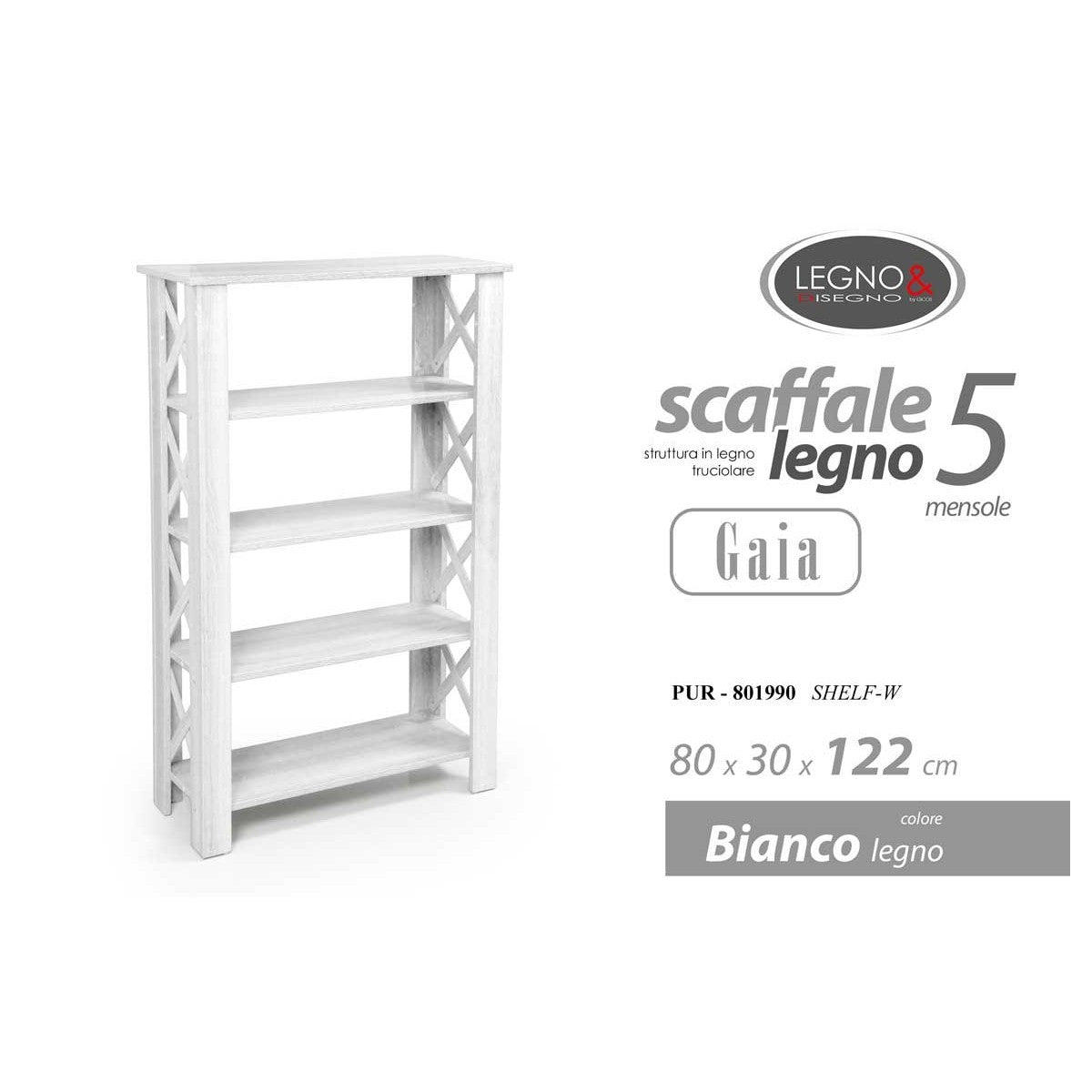 Scaffale 4 ripiani bianco cm 80x30x122 h