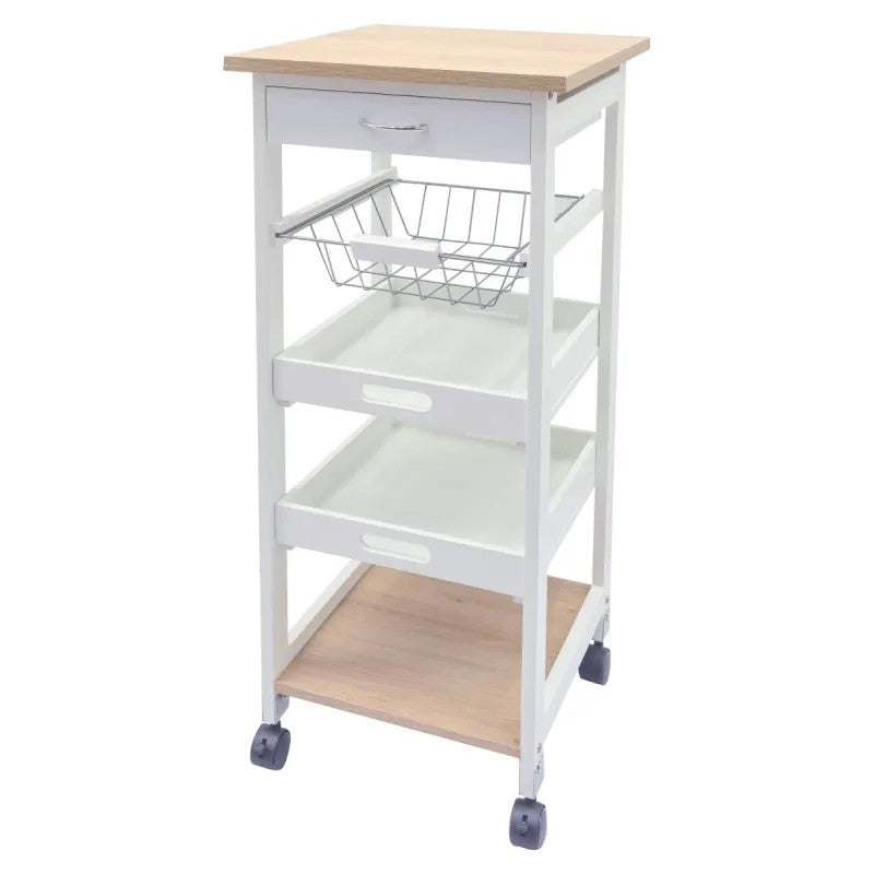 Carrello cucina Olsen 1 cassetto 1 cesto 2 vassoi bianco /naturale 37x37x82cm