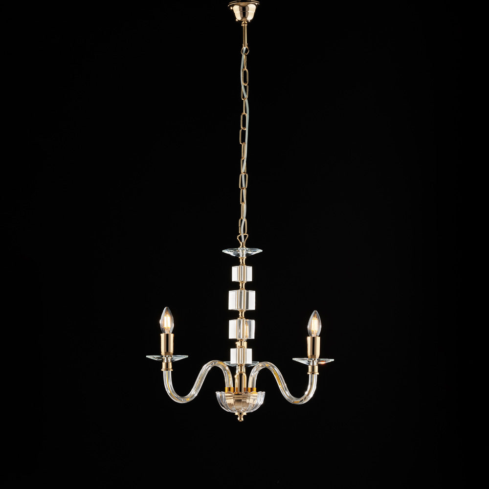 Lampadario in oro con vetro trasparente e strass 3 luci H.50 - MAX 110 - Ø43