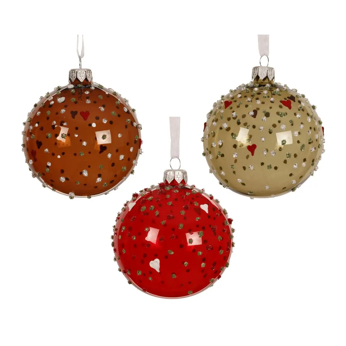Sfera natalizia in vetro trasparente con pois e cuori Ø8 cm – 1 pezzo assortito