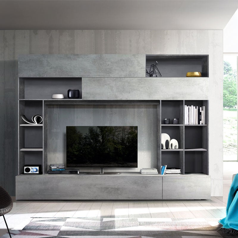 Parete attrezzata da soggiorno ossido e cemento L.277xP41xh.209 cm