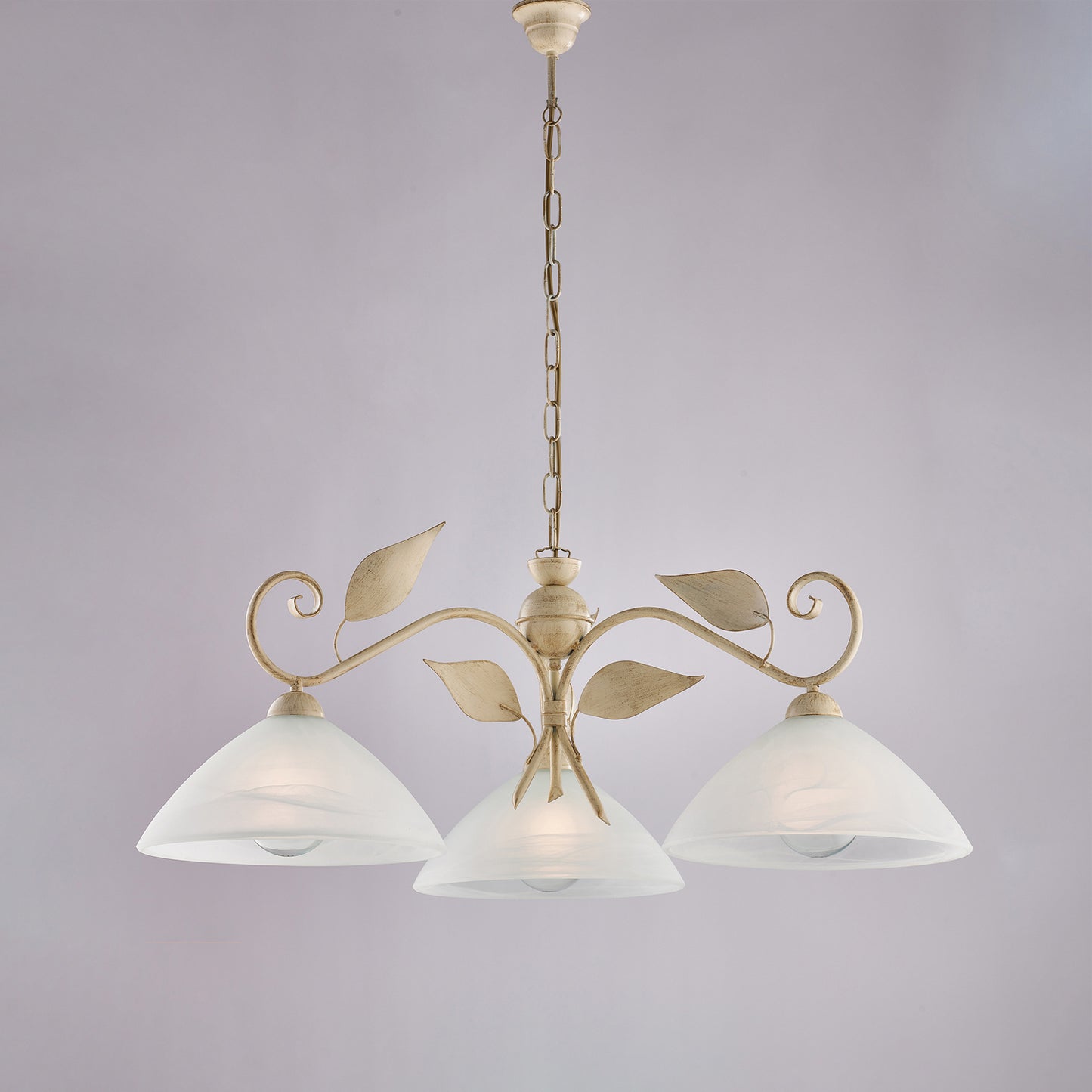 Lampadario avorio oro antico, vetro alabastro bianco, 3 luci, Ø79 cm