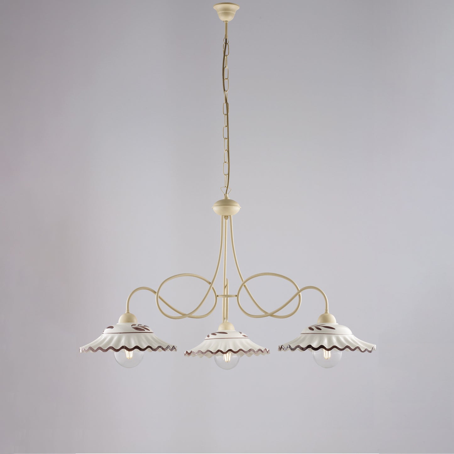 Lampadario avorio decapè, ceramica bianco marrone, 3 luci, Ø80 cm
