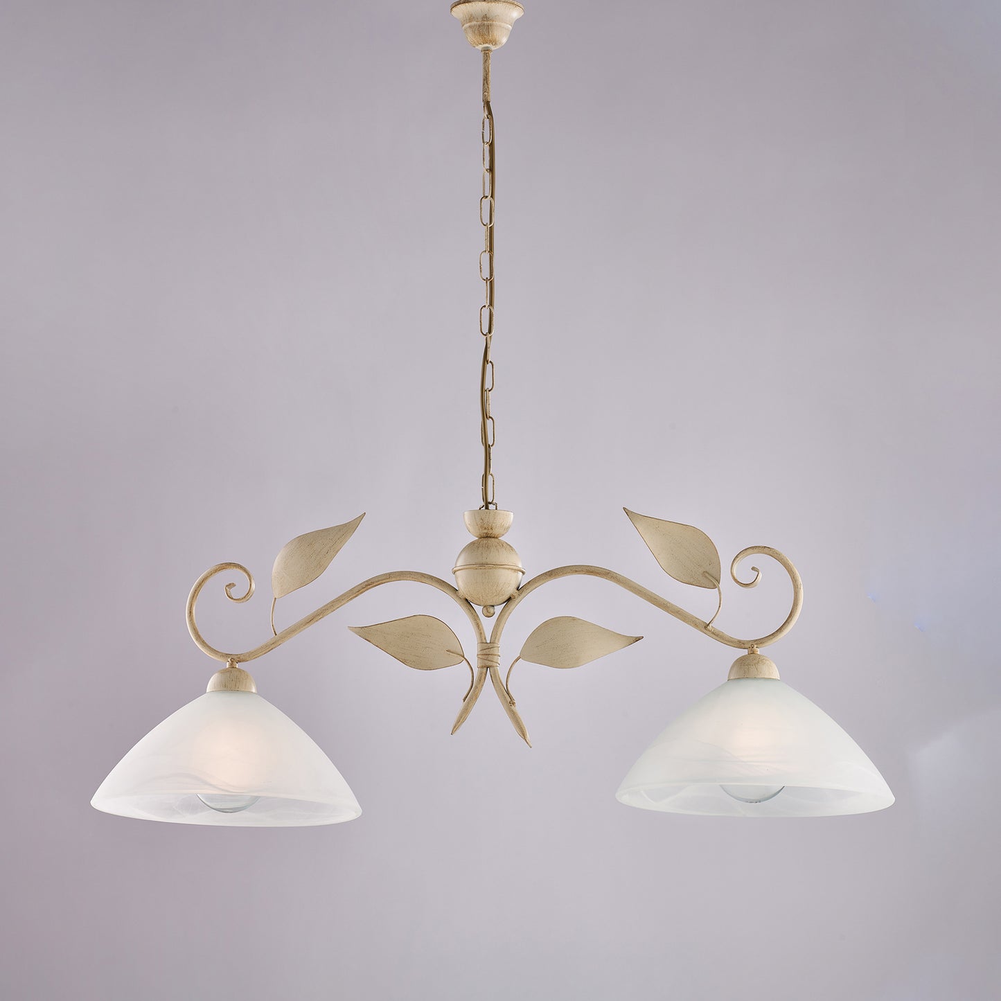 Lampadario avorio oro antico, vetro alabastro bianco, 2 luci, L.96x30 cm