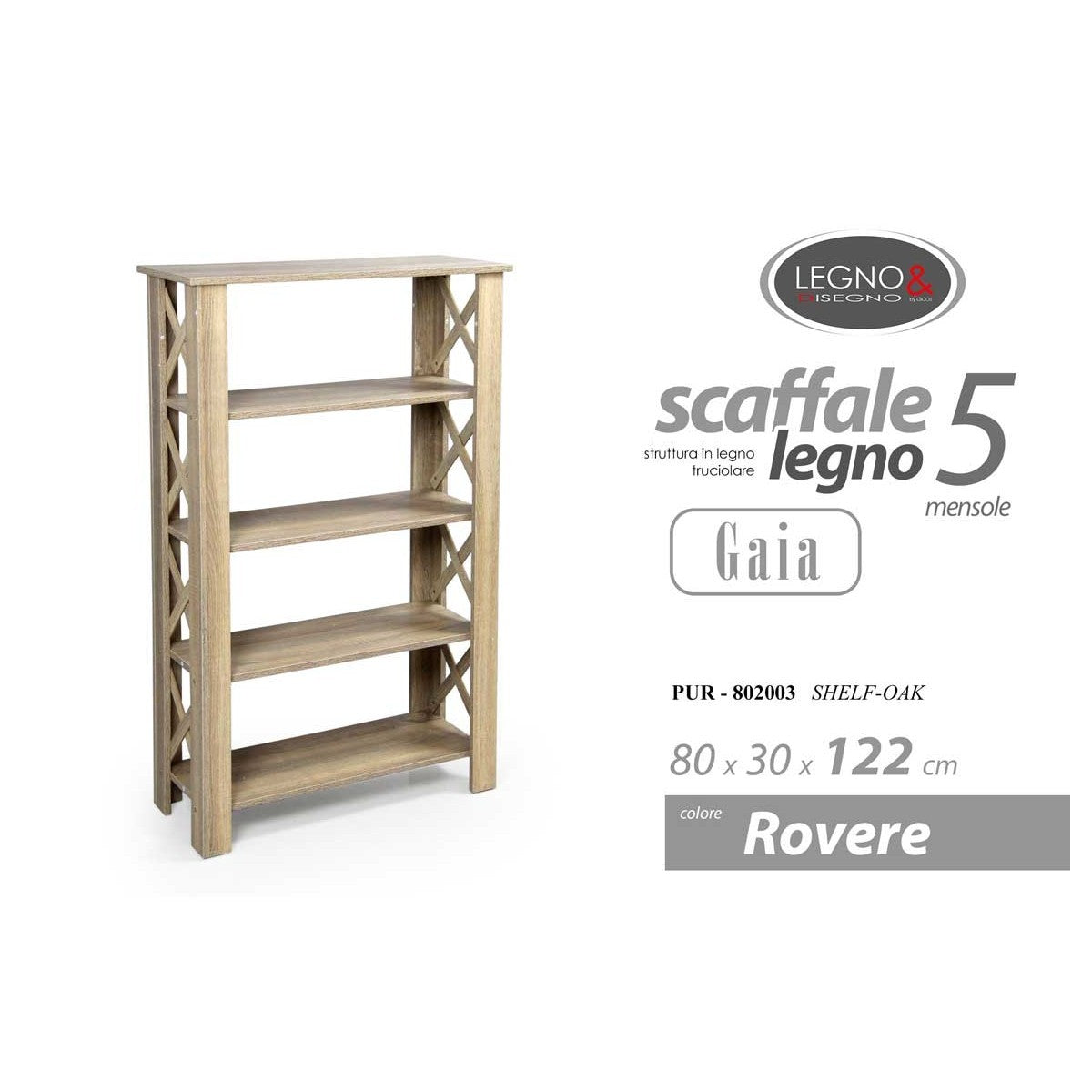Scaffale 4 ripiani rovere cm 80x30x122 h
