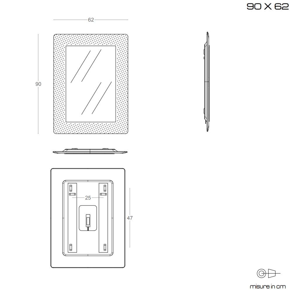 Specchio con cornice in vetro fuso color ghiaccio 90x62 cm