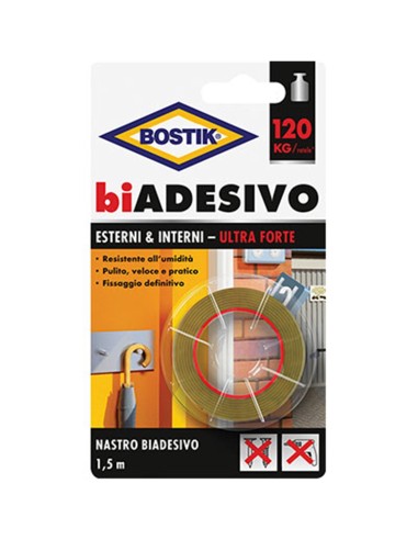 Bostik Nastro Biadesivo per Interni ed Esterni, Larghezza 19mm e Lunghezza 1,5ml