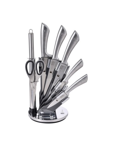 Set di 8 coltelli con manico silver e supporto incluso.