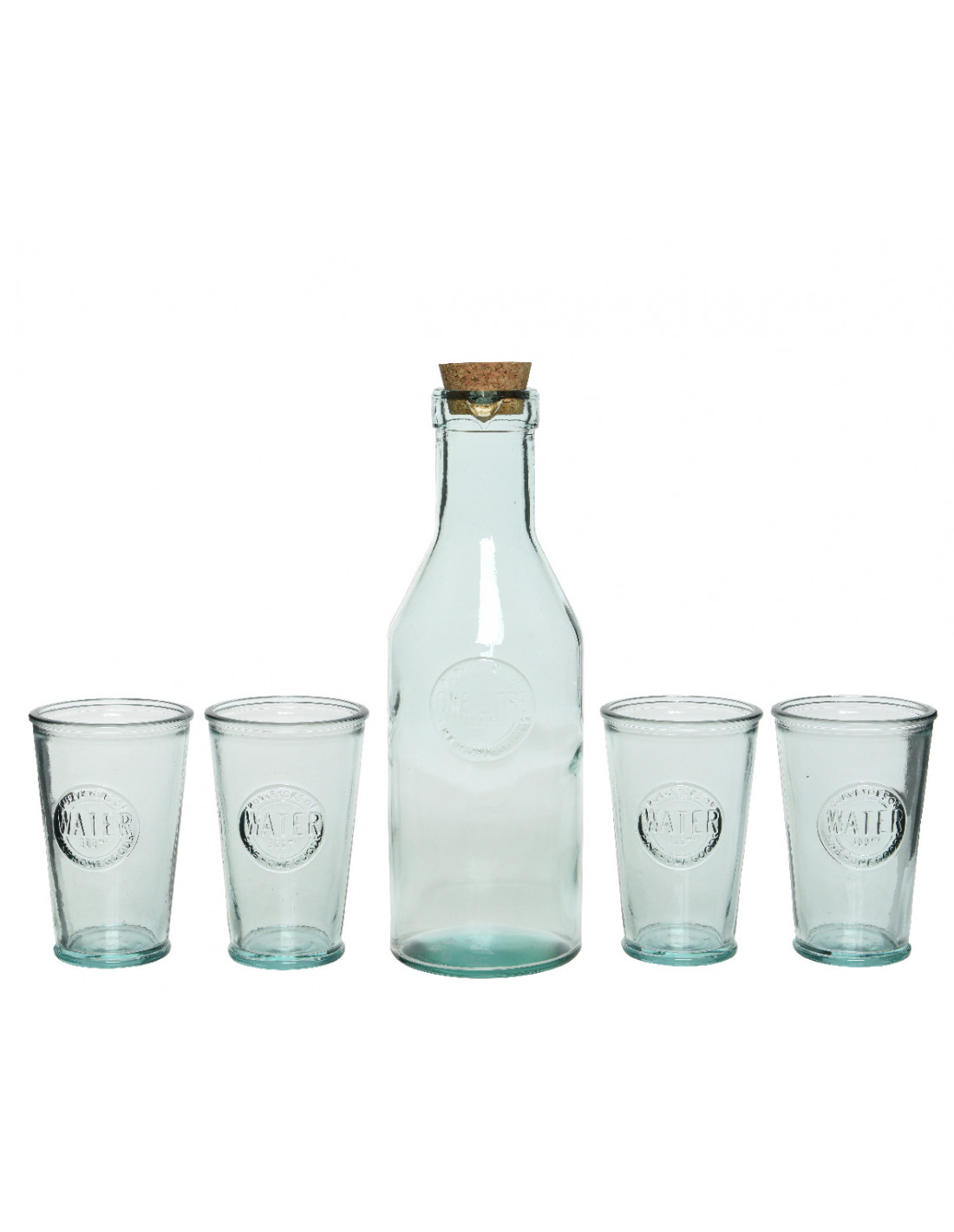 Set 5 pz acqua Caraffa con coperchio in sughero e 4 bicchieri di vetro  chiaro riciclato