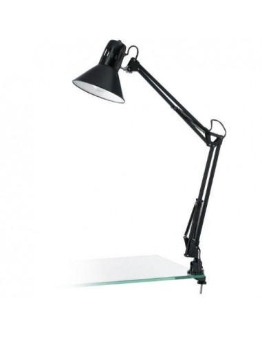 Lampada da tavolo scrivania con braccio snodato orientabile, morsetto e attacco E27, colore nero.