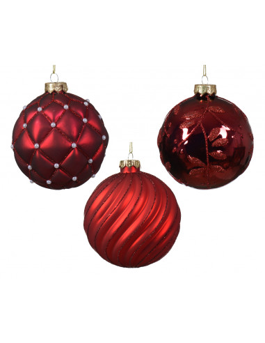 Pallina di Natale Globo di vetro lucido-opaco con linee a scacchi e foglia 3 pezzi colore Natale rosso/colore  ø 10cm