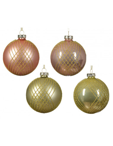 Pallina di Natale Pallina di vetro lucida - opaca con linee incrociate dorate e glitter 4ass colore assortito ø 8cm