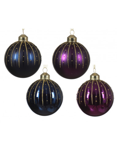 Pallina di Natale Vetro di palla lucido - opaco con linee di brillantini perline gemme 4col assortite colore assortito ø 8cm