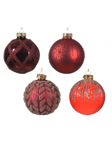 Pallina di Natale Vetro di palla lucido-opaco-trasparente fuoco-dorso-foglia-controllo 4ass colore Natale rosso/colore  ø 8cm