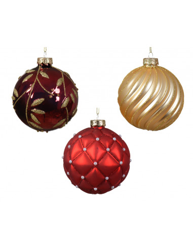 Pallina di Natale Vetro pallina lucido-opaco con linee a scacchi e foglia mista colore rosso/oro ø 10cm