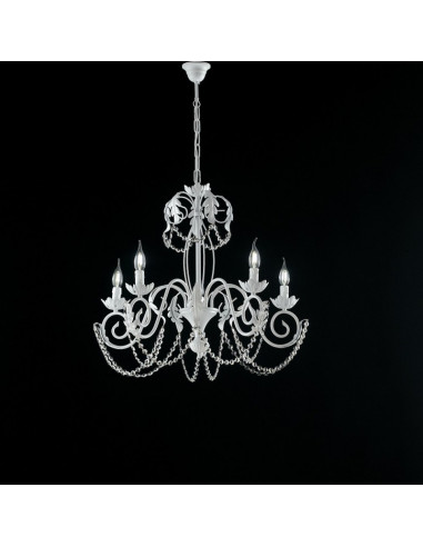 Lampadario in ferro Bianco Shabby strass damasco cinque luci 63x h65 cm