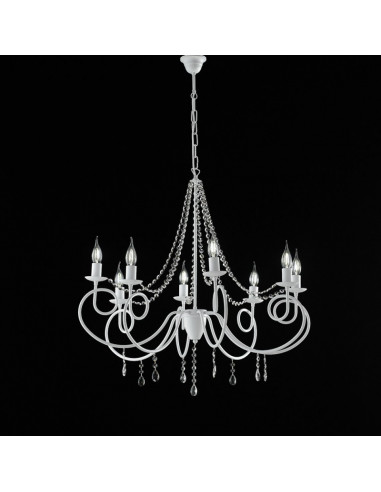 Lampadario in ferro Bianco otto luci decorazione shabby e strass 80x h75 cm