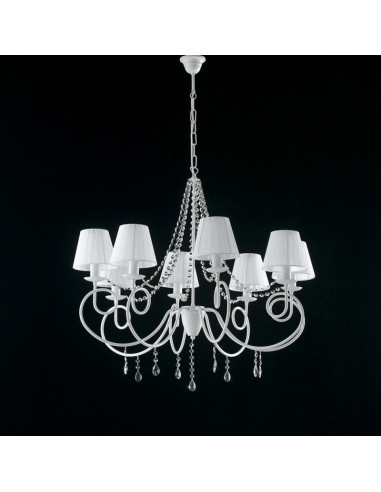 Lampadario in ferro Bianco otto luci decorazione shabby paralumi Bianchi 90x h75 cm