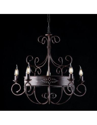Lampadario in ferro laccato nero con decorazione ruggine 5 luci