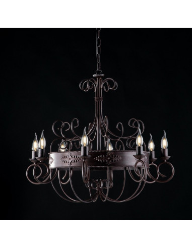 Lampadario in ferro laccato nero con decorazione ruggine 8 luci cm 76