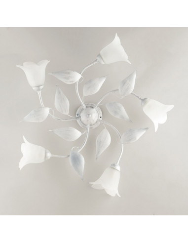 Plafoniera in ferro Bianco Argento cinque luci vetri Alabastro Bianchi 70x h20 cm