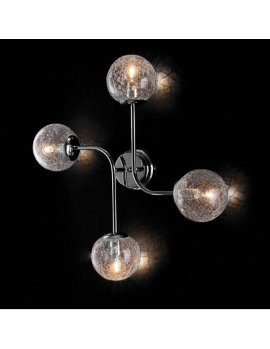 Plafoniera in ferro cromo lucido 4 luci con sfere in vetro soffiato crackle trasparente