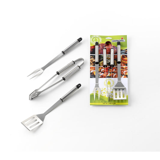 Set utensili bbq acciaio inox 3 pz - paletta, forchettone, pinza 36 cm