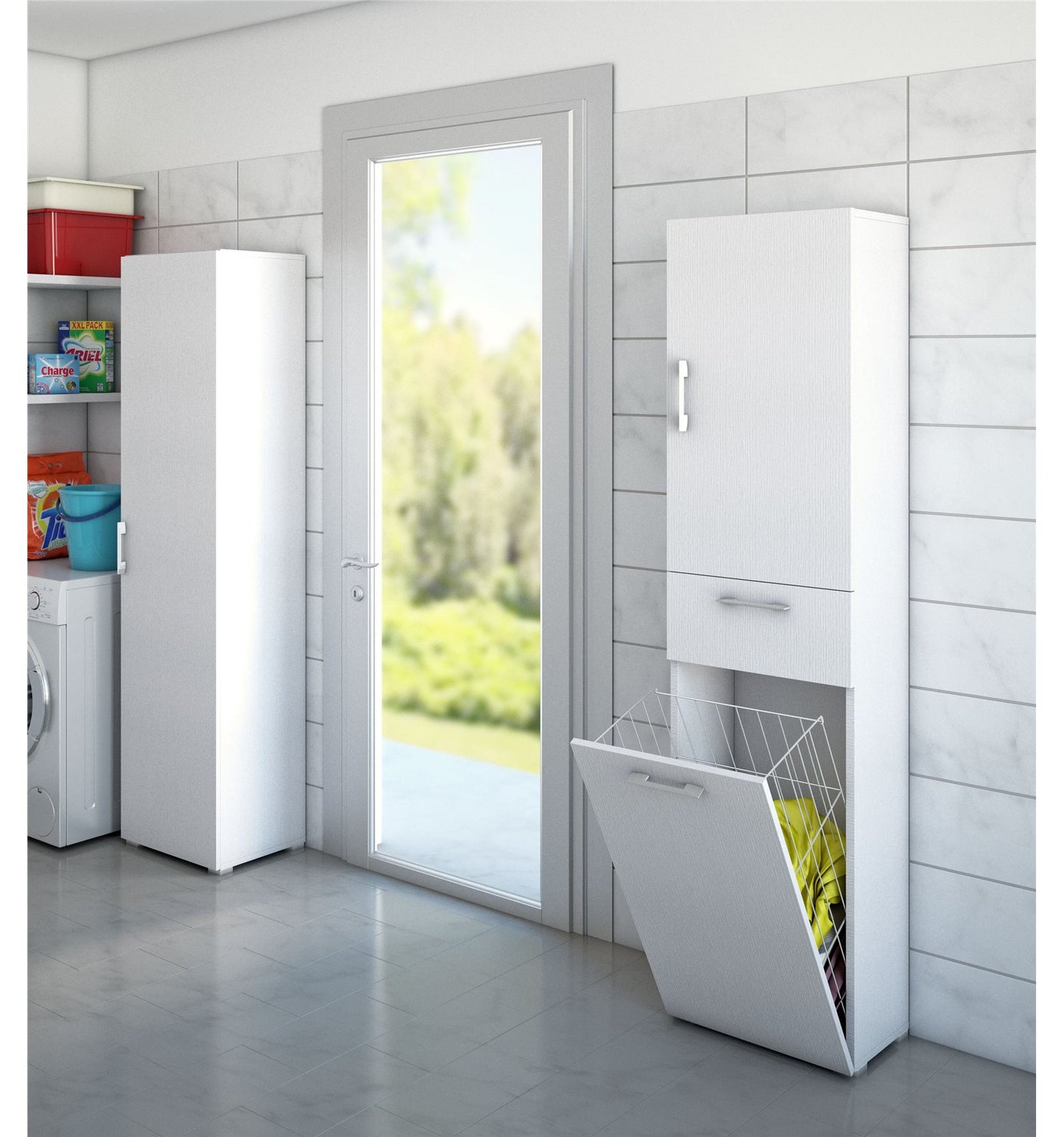 Mobile Multiuso con Cestello Porta Biancheria Bianco con maniglie