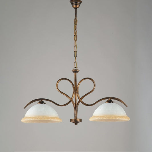 Lampadario in ferro Marrone Oro due luci vetri Bianchi e Ambra 79x h43 cm