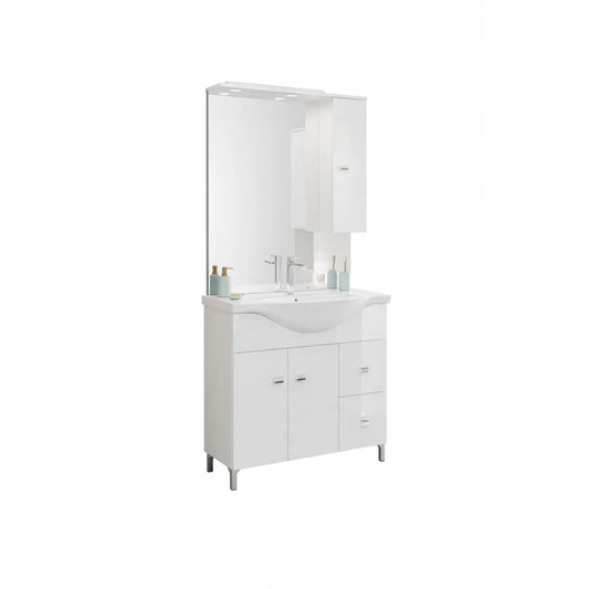 Mobile bagno con 2 ante e 2 cassetti con lavabo 86 cm e specchio con pensile dx