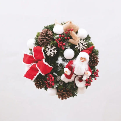 Corona di Natale in pvc verde Ø 40 cm con Babbo Natale, pigne, sfere e nastro in velluto