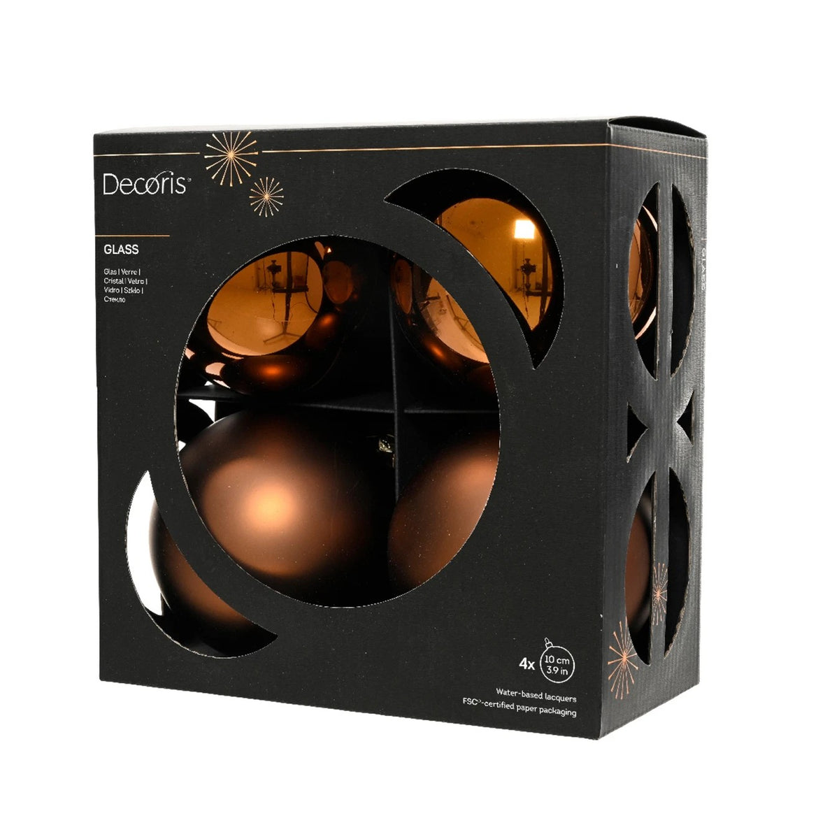 Box 4 palline di Natale in vetro marrone espresso lucide e opache Ø10 cm