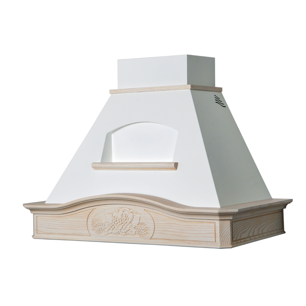 Cappa DÉSIRÉE inox bianco, cornice legno corda, 120 cm