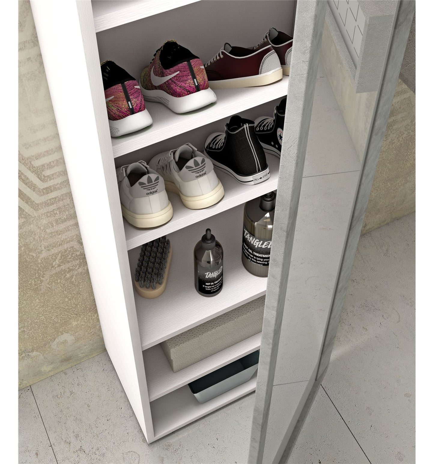 Scarpiera Con Anta A Specchio, 7 Ripiani, Bianco/Cemento