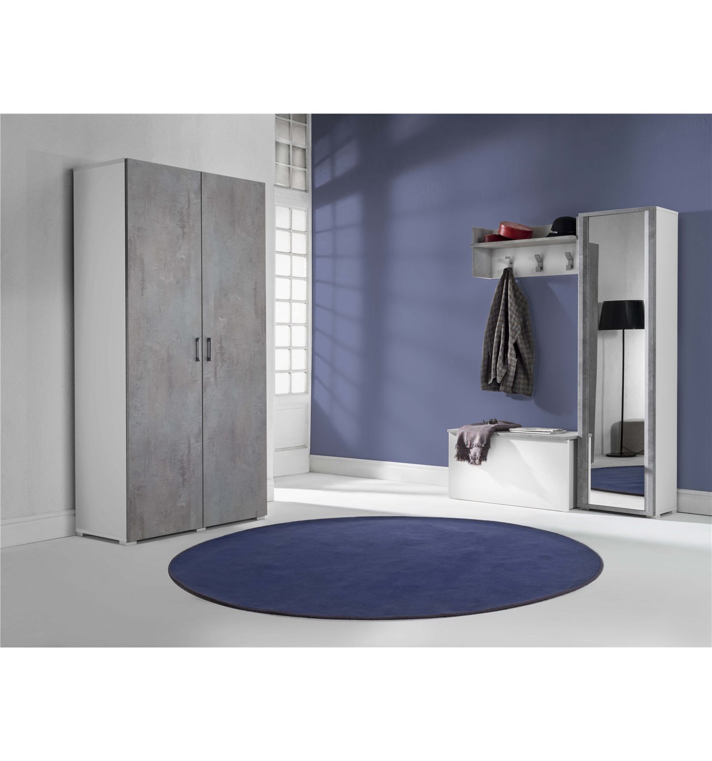 Scarpiera Con Anta A Specchio, 7 Ripiani, Bianco/Cemento