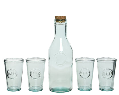 Set 5 pz acqua Caraffa con coperchio in sughero e 4 bicchieri di vetro chiaro riciclato