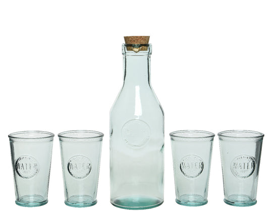 Set 5 pz acqua Caraffa con coperchio in sughero e 4 bicchieri di vetro chiaro riciclato